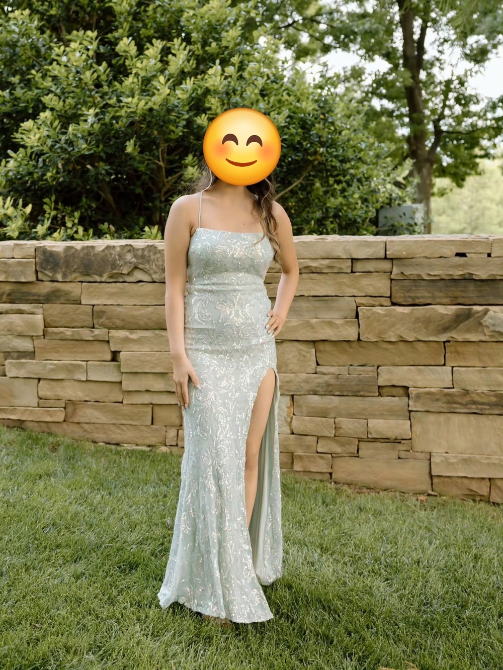 Light Sage Sequin Strap Evening Gown with Thigh Slit
